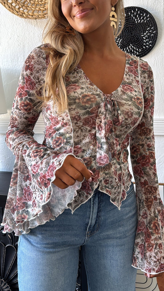 Last Floral Kiss Tied Top, Cream