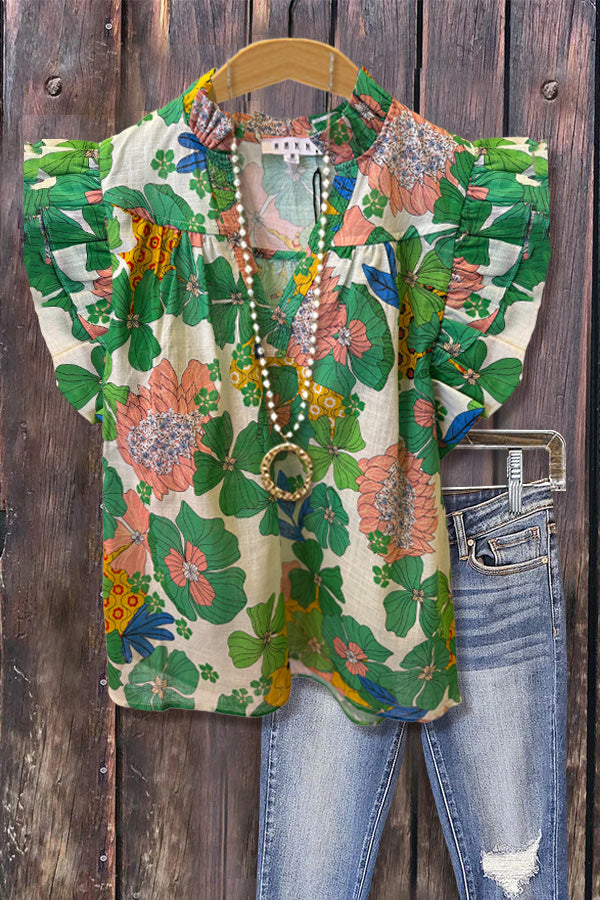 Botanical Floral Print Flutter Sleeve Top