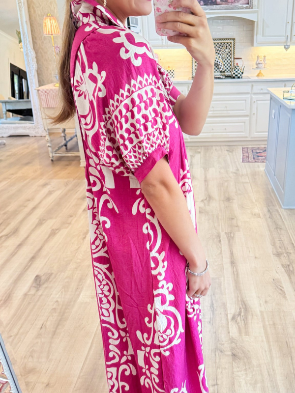 Mixed Print Puff Sleeve Midi Dress