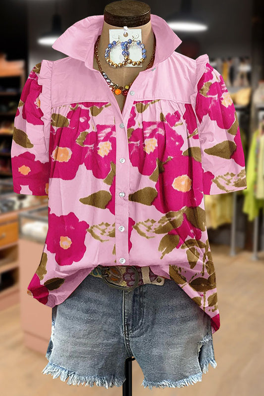 Sweet Floral Print Collared Top