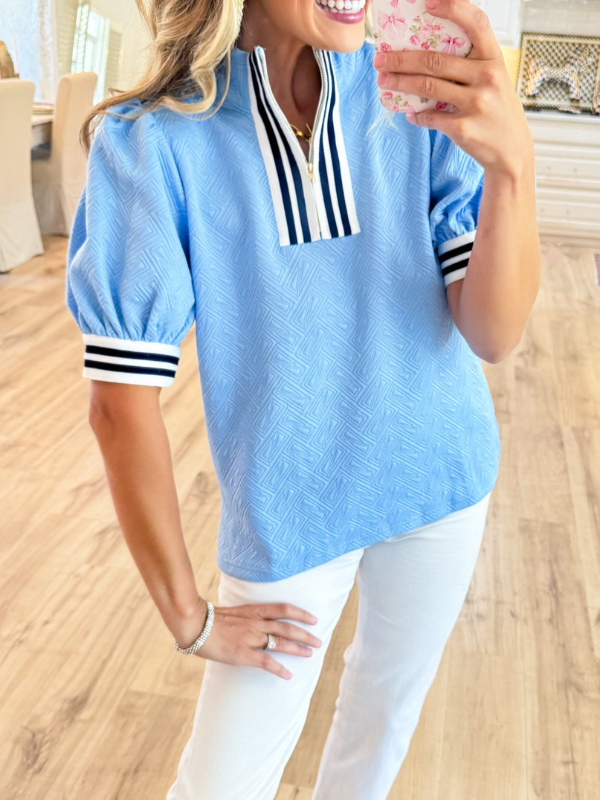 Blue Front Zip Textured Top