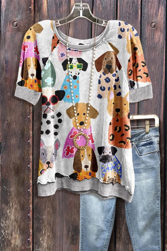 Cute Dog Print Short Sleeve Sweatshirt