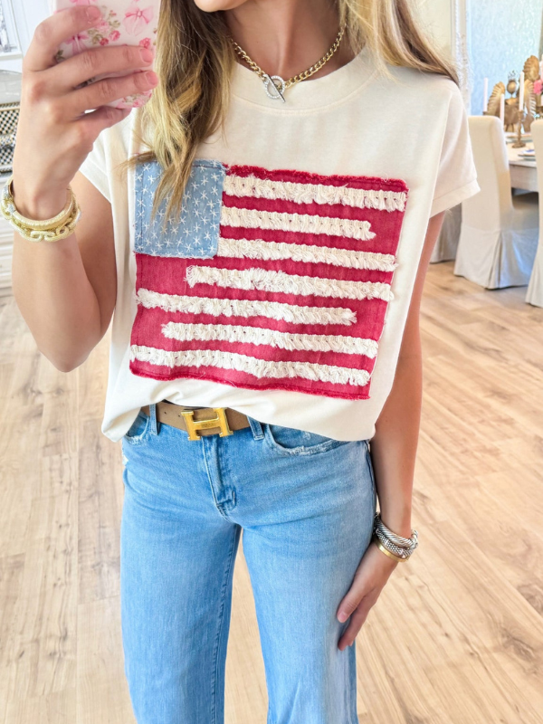 Cream American Flag Short Sleeve Top