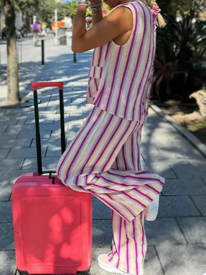 Sleeveless Tie Top and Trousers Striped Set