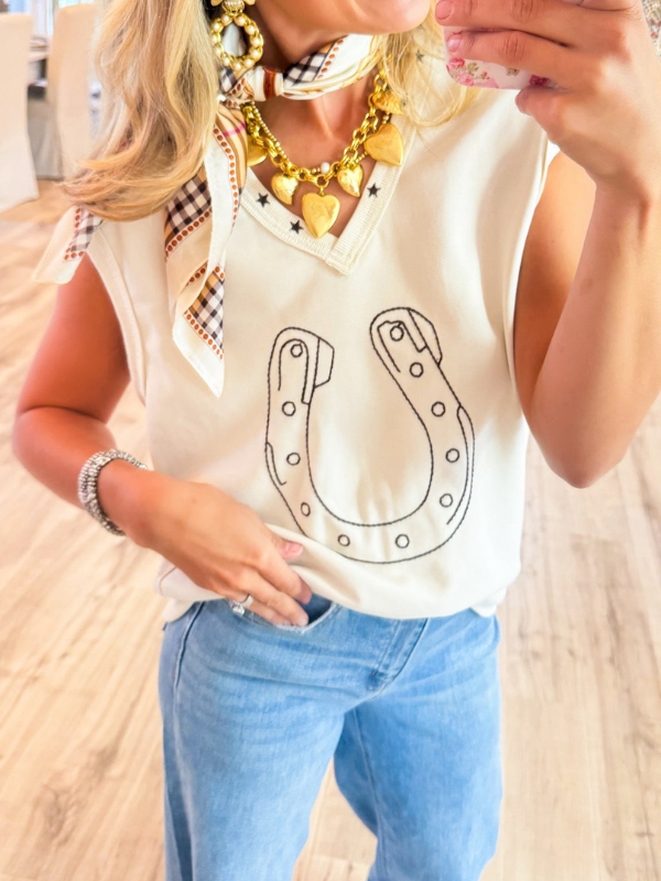 Bone Embroidered Horseshoe Sleeveless Top