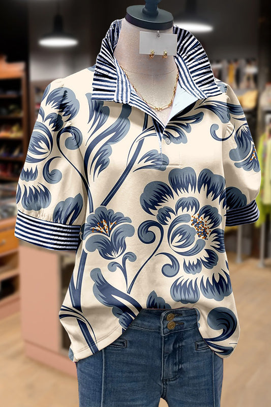 Vintage Floral Print Short Puff Sleeve Top