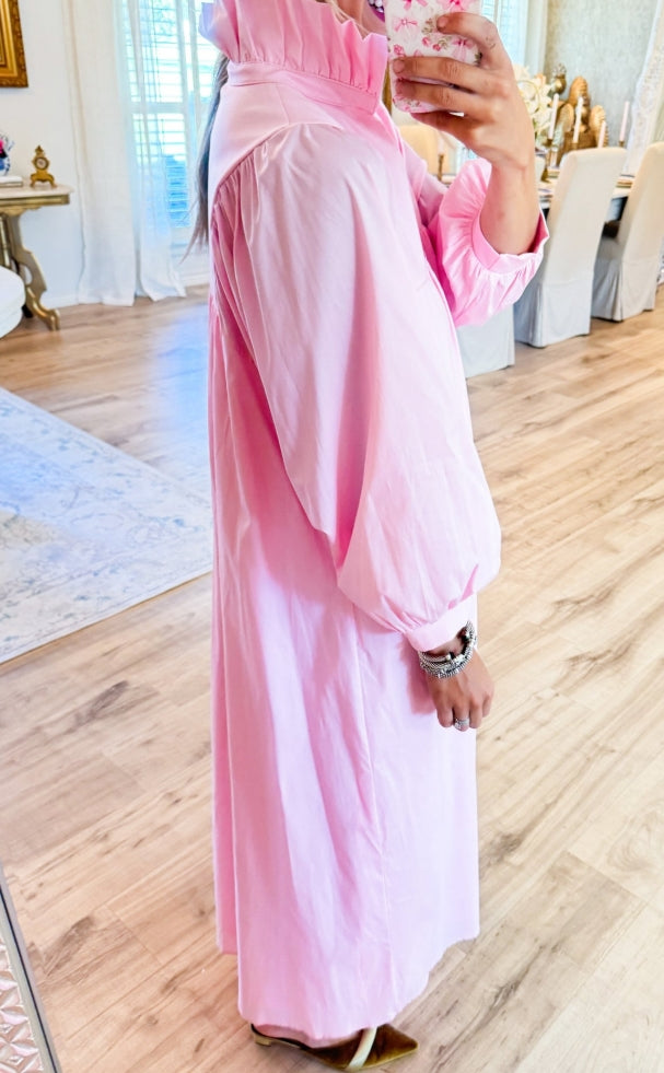 Pink High Ruffle Neck Midi Dress