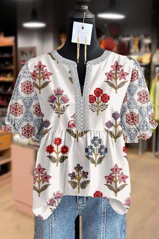 Vintgae Floral Print Puff Sleeve Top