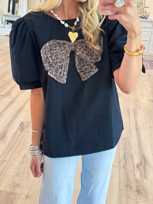 Black Leopard Bow Puff Sleeve Top