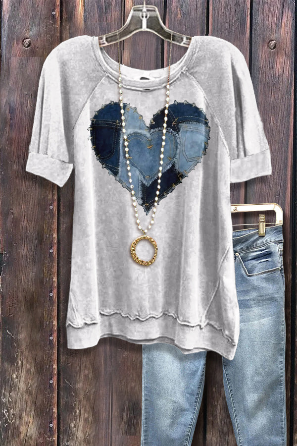 Chic Heart Print Short Sleeve Sweatshirt