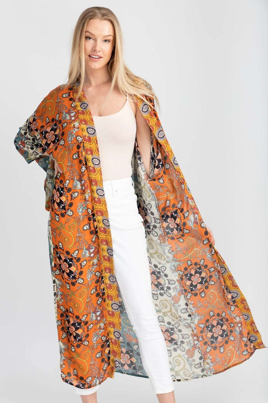 Silky Patterned Long Kimono