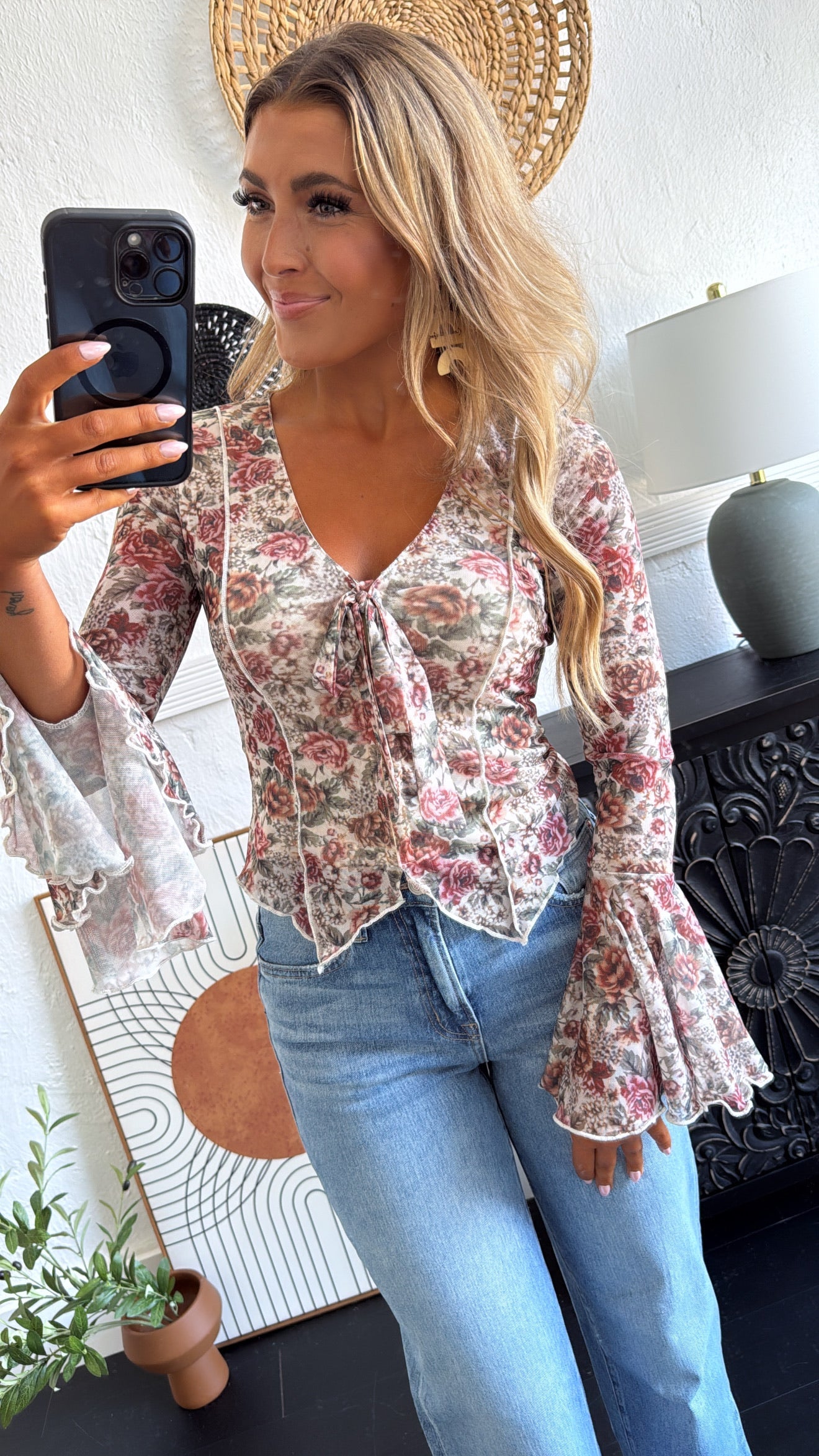 Last Floral Kiss Tied Top, Cream