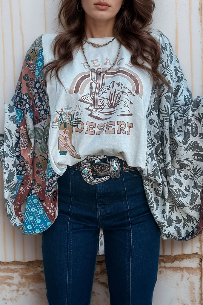 PEACE DESERT GRAPHIC ASYMMETRIC PRINTED PATCHWORK SLEEVE TOP