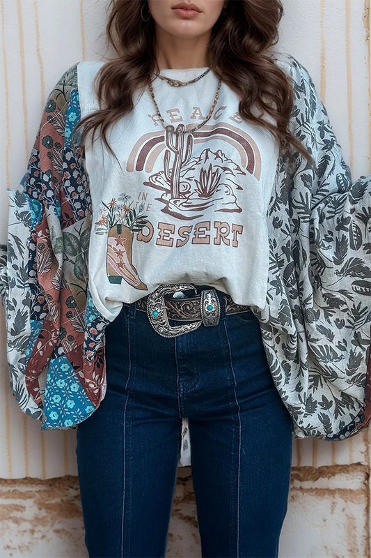 PEACE DESERT GRAPHIC ASYMMETRIC PRINTED PATCHWORK SLEEVE TOP