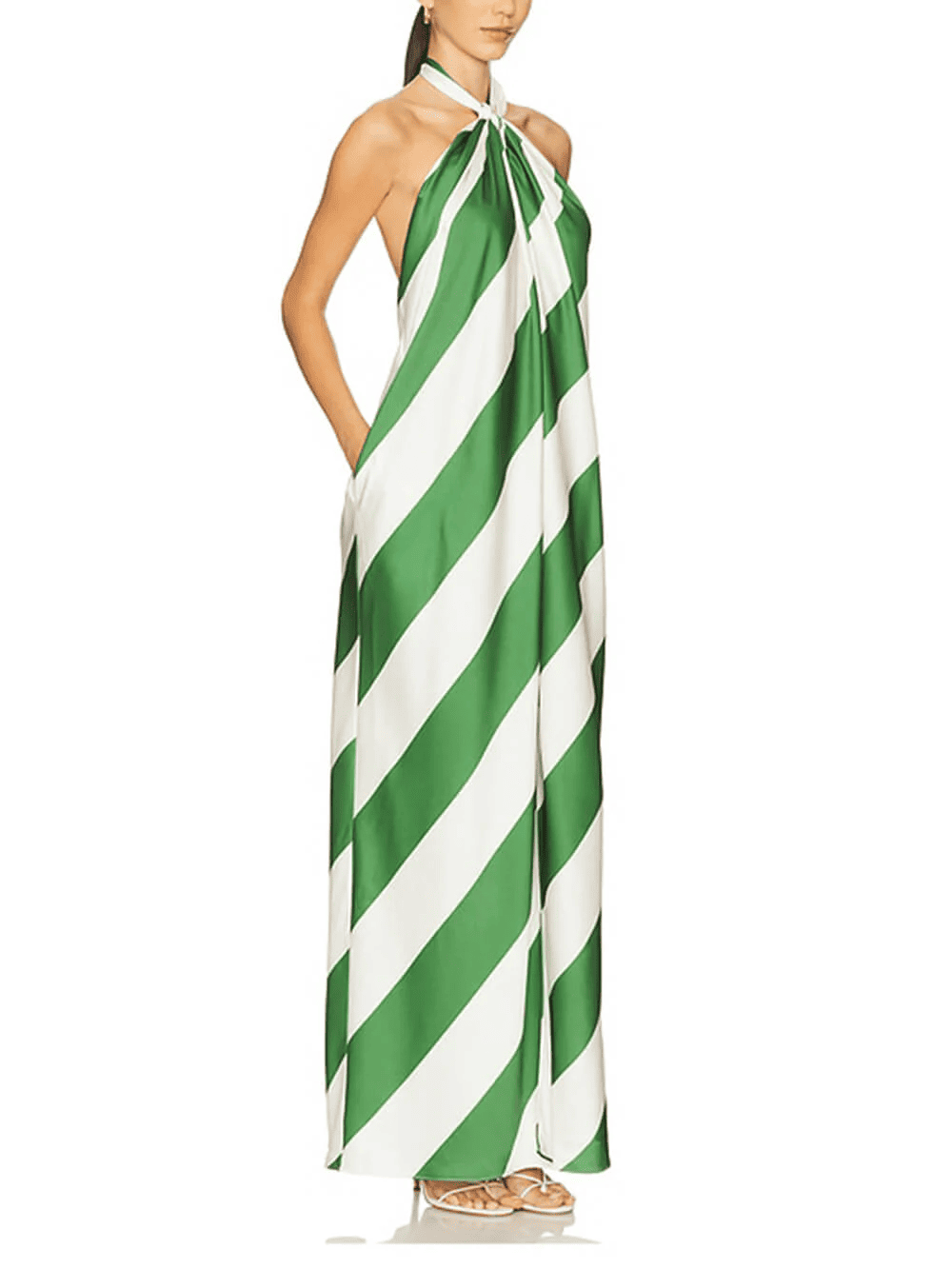 Exquisite Striped Print Halter Neck Backless Maxi Dress