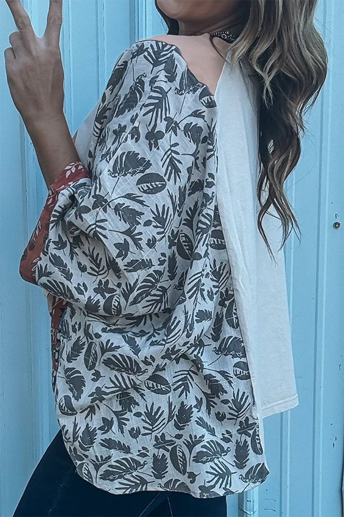 PEACE DESERT GRAPHIC ASYMMETRIC PRINTED PATCHWORK SLEEVE TOP