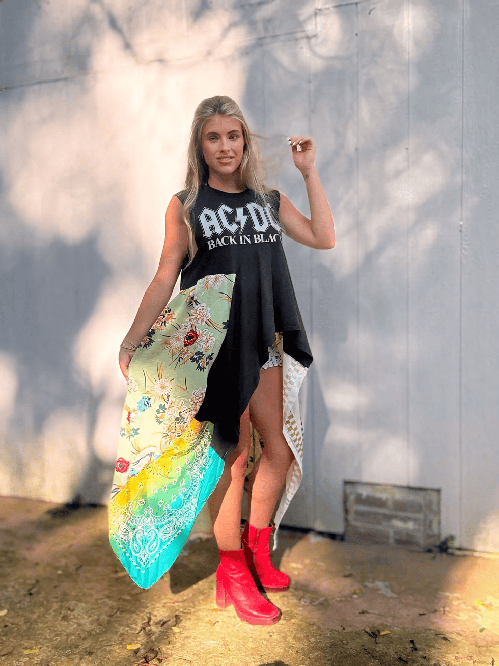 AC/DC patchwork high-low waist dress