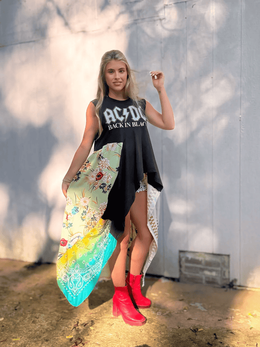 AC/DC patchwork high-low waist dress