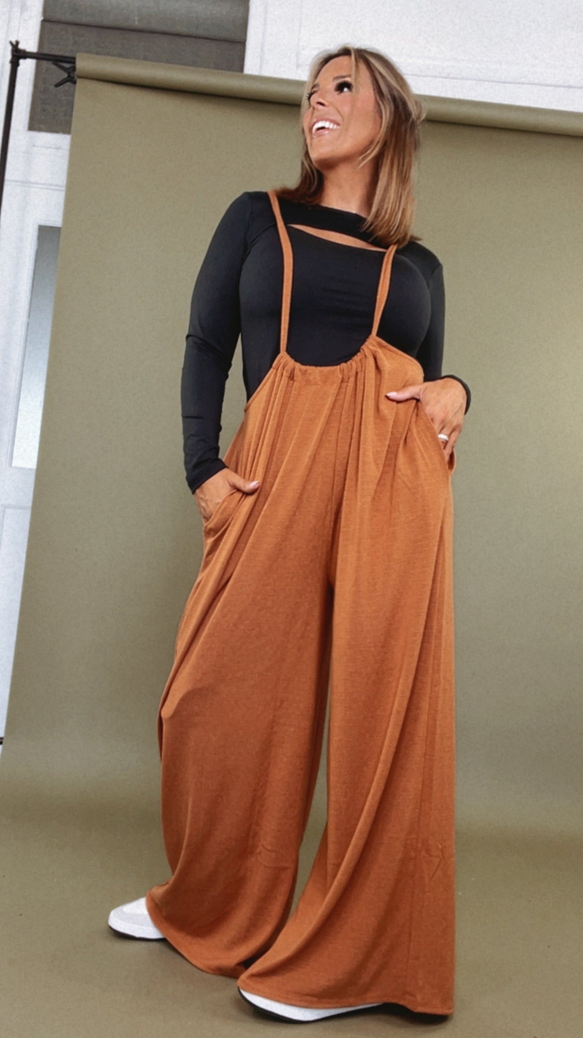 Head Over Heels Suspender Jumpsuit, Camel