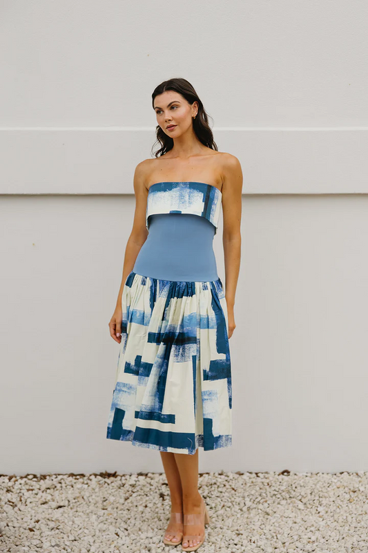 Printed Ribbed Elastic Waist Pocket Strapless Midi Dress