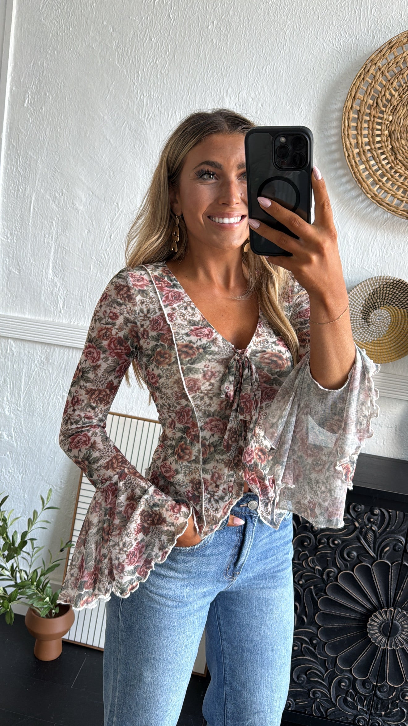Last Floral Kiss Tied Top, Cream