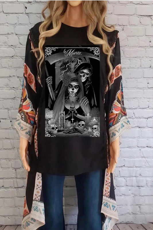 Skull Head Punk Printed Bat Sleeve Top