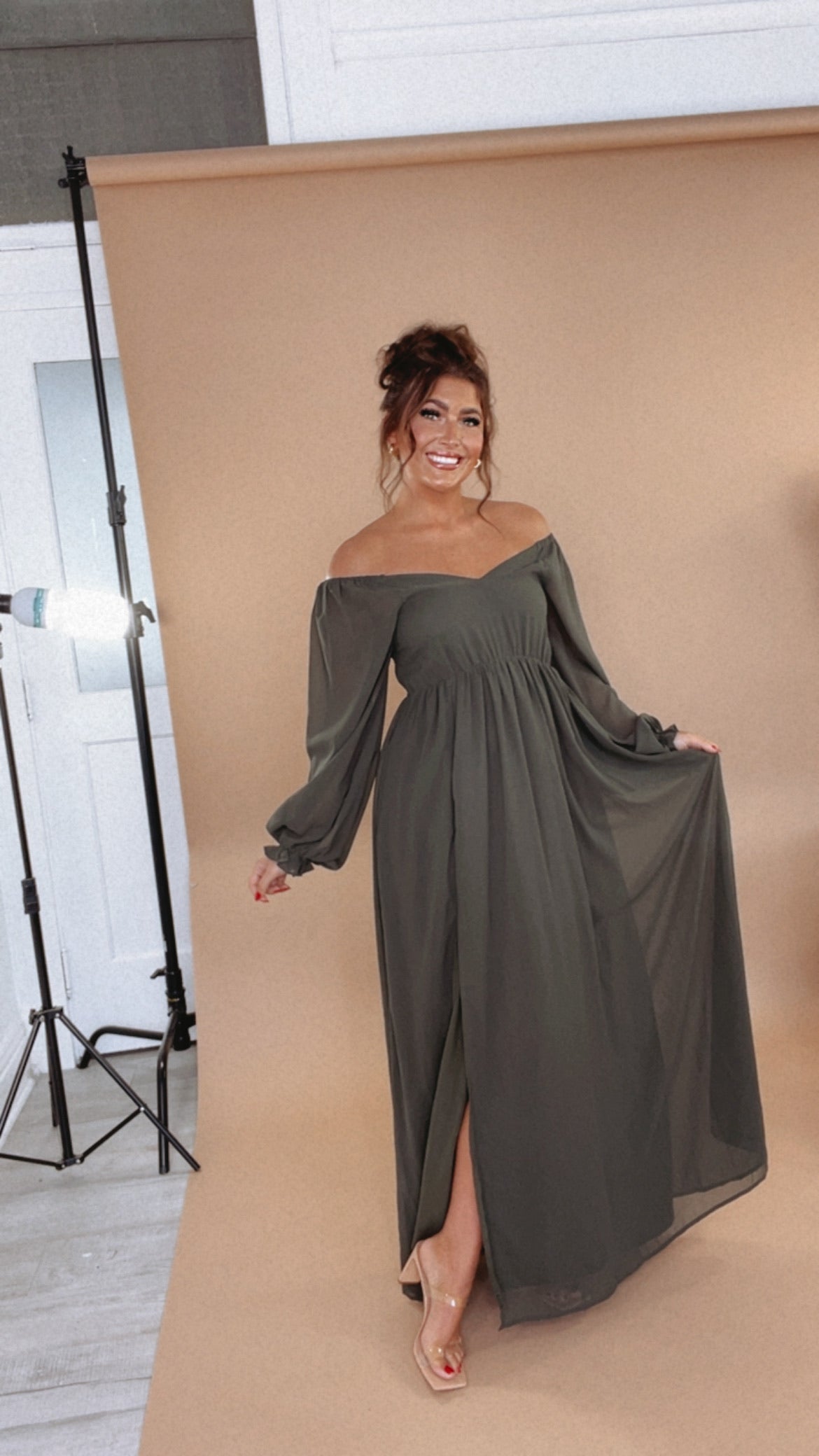 Timeless Romantic Chiffon Maxi Dress, Olive