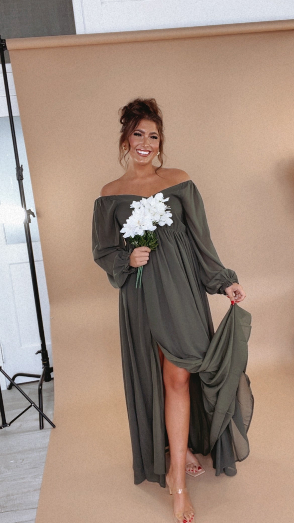 Timeless Romantic Chiffon Maxi Dress, Olive