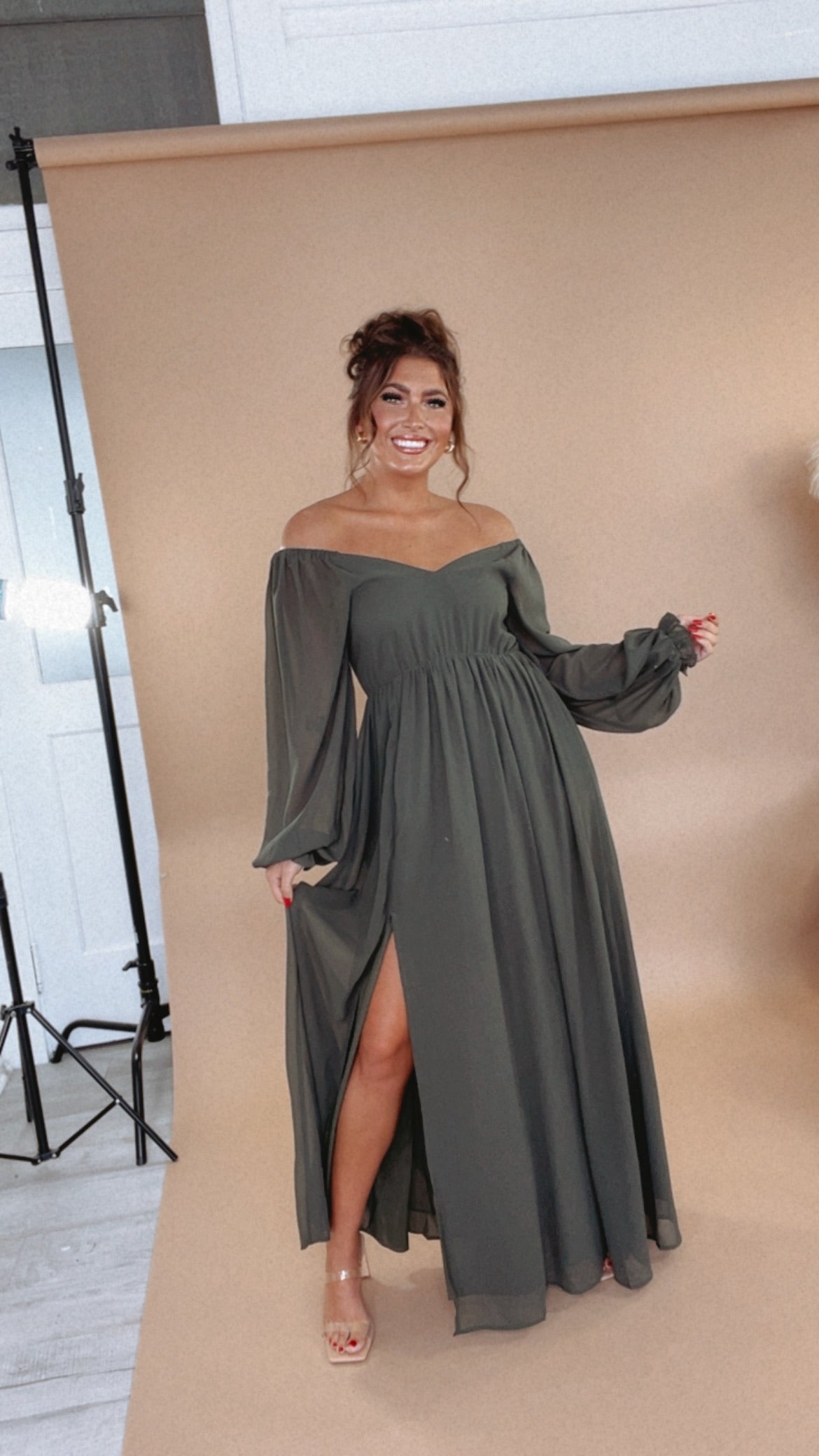 Timeless Romantic Chiffon Maxi Dress, Olive