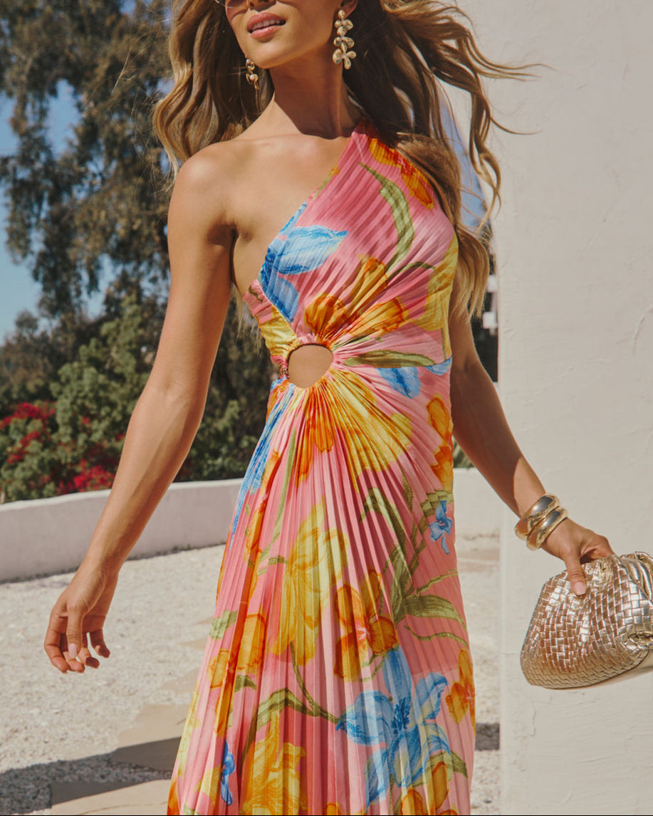 Printed One Shoulder Asymmetrical Maxi Dress