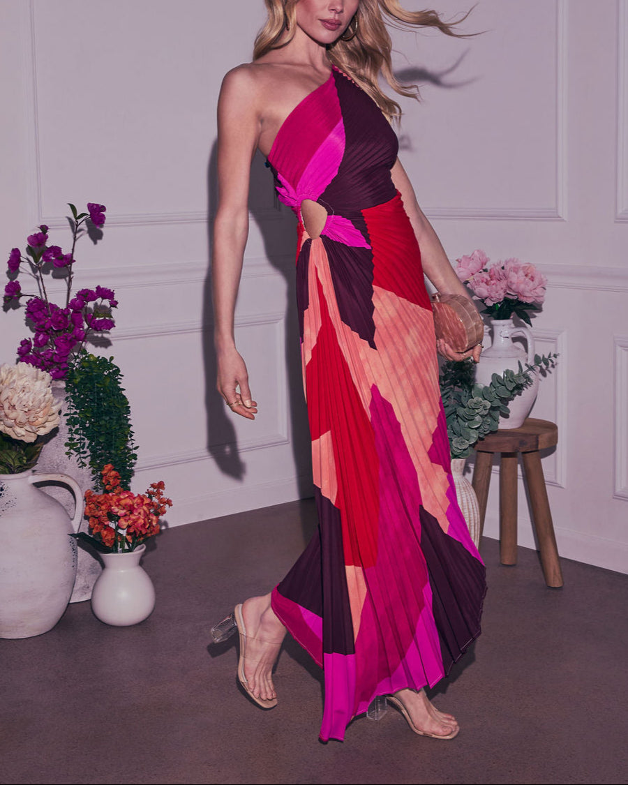 Printed One Shoulder Asymmetrical Maxi Dress