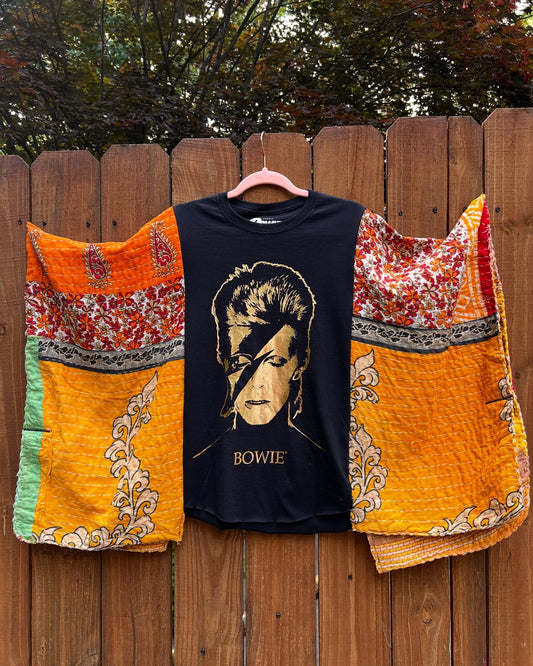 David Bowie Print Patchwork Batball Sleeve Top