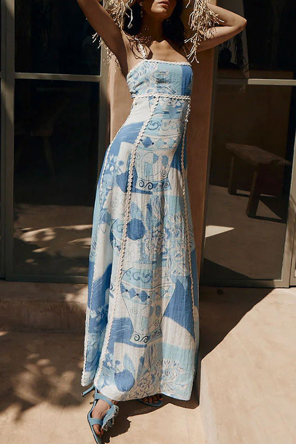 Unique Lace Patchwork Printed Back Tie Halter Neck Flared Maxi Dress