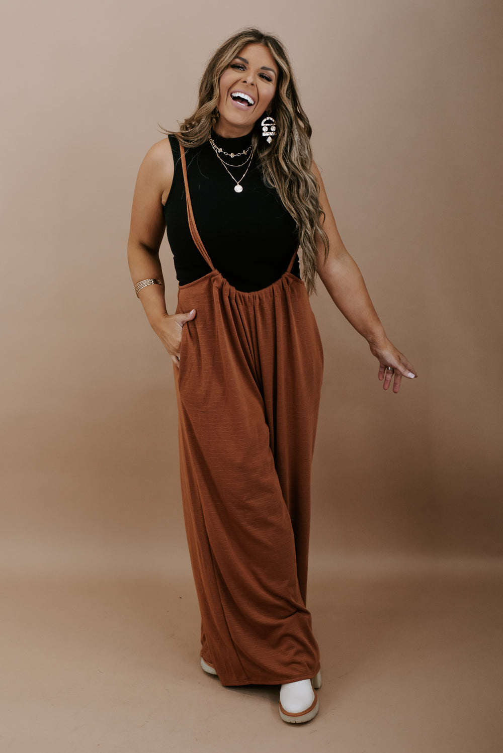 Head Over Heels Suspender Jumpsuit, Camel