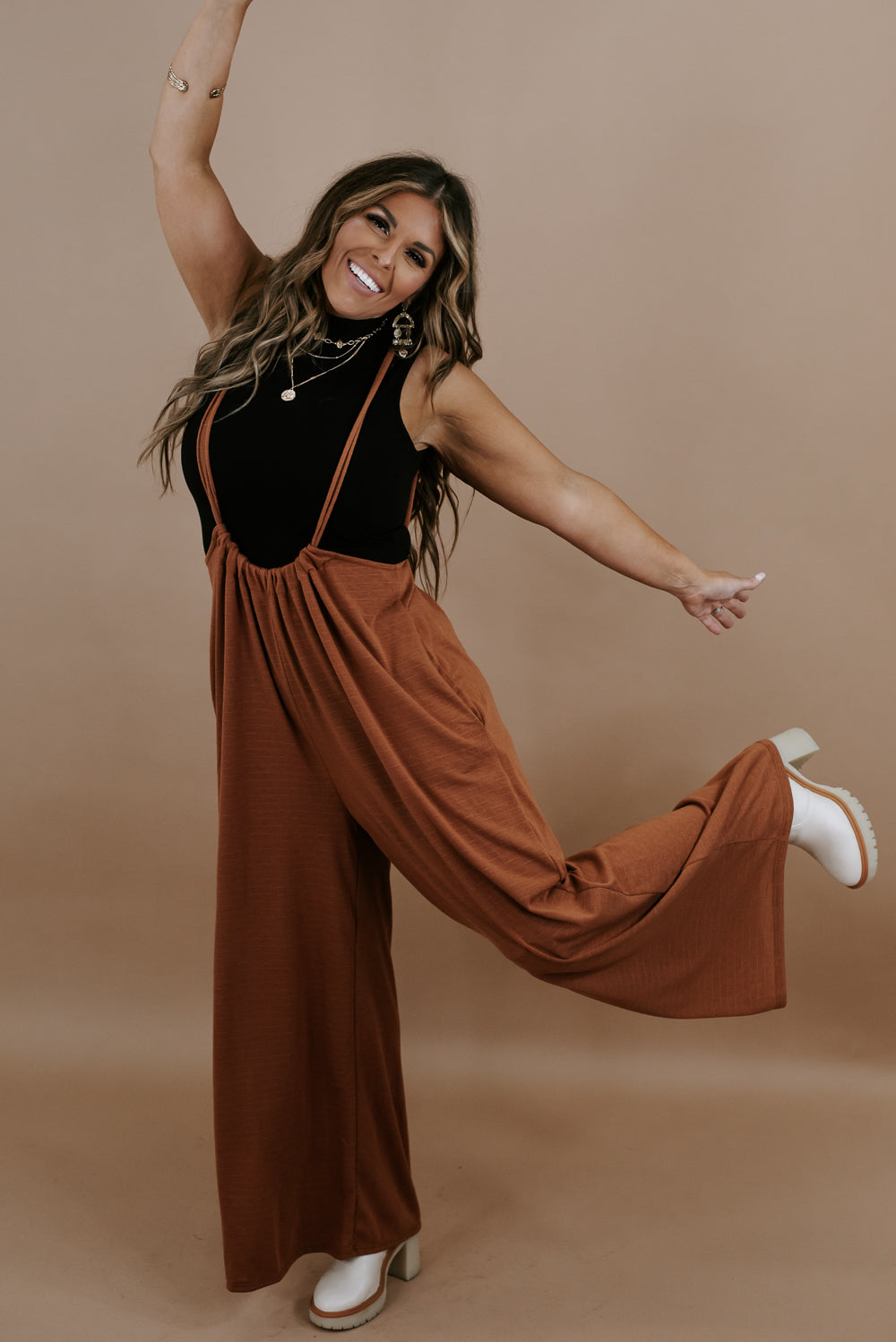 Head Over Heels Suspender Jumpsuit, Camel