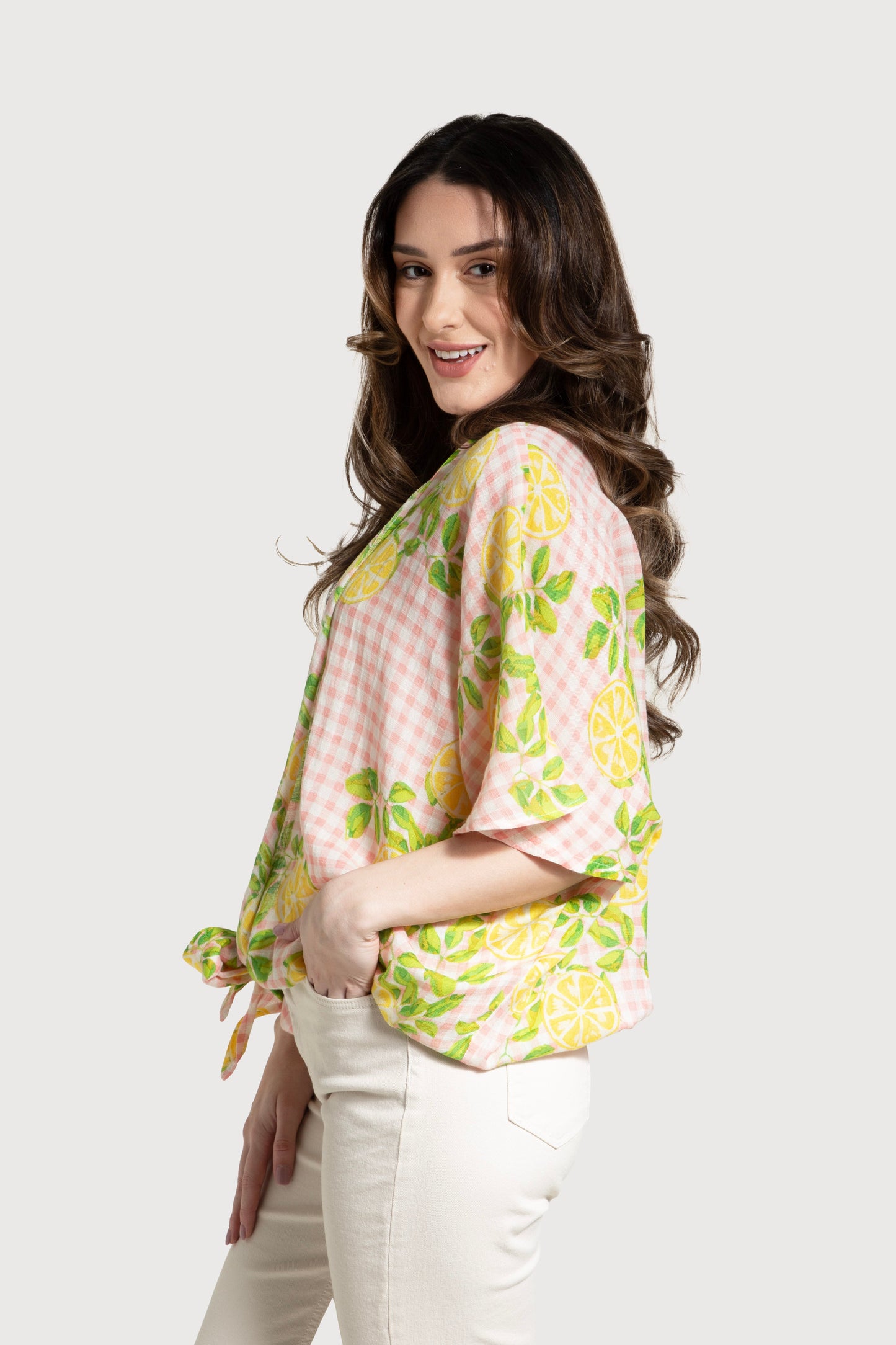 Short Tie Front Kimono Citrus Gingham