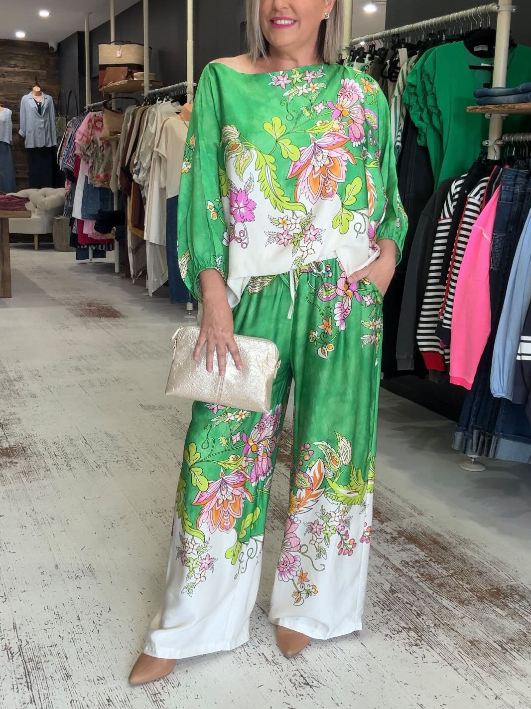 Vibrant Floral Silky Wide-Leg Two-Piece Set