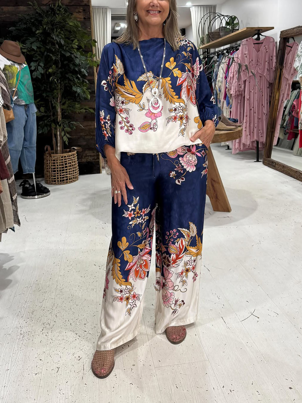 Elegant Navy Floral Silky Wide-Leg Two-Piece Set