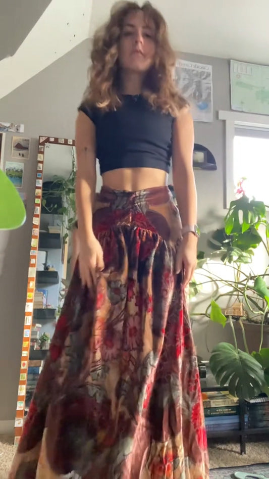 Red velvet high waist flowing maxi skirt