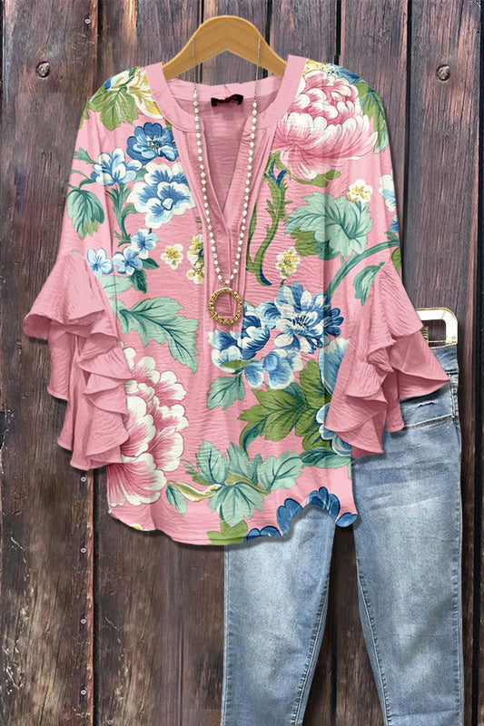 Botanical Floral Print Ruffle Sleeve Top