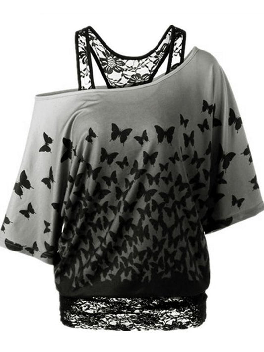 Butterfly print lace stitching loose short-sleeved T-shirt