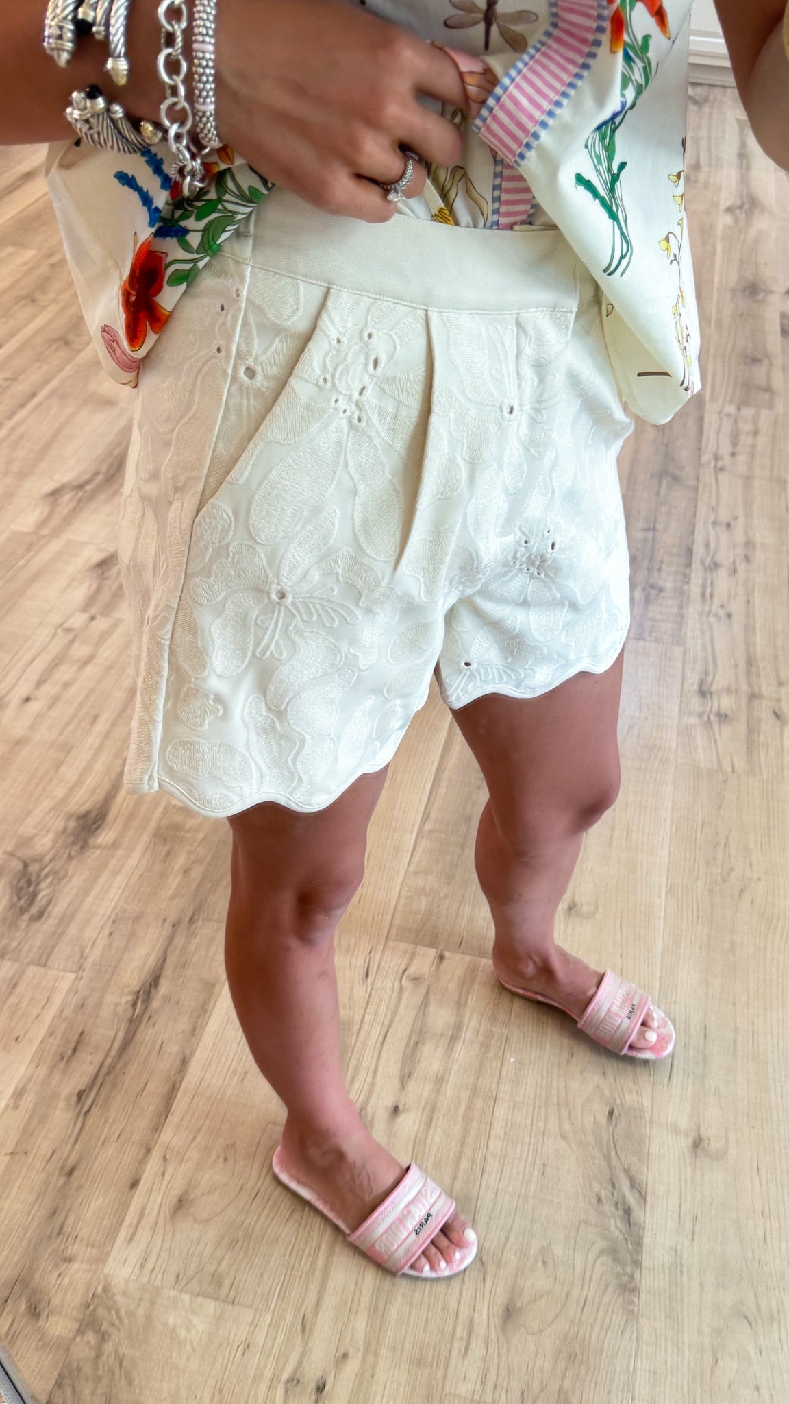 Cream Embroidered Floral Shorts