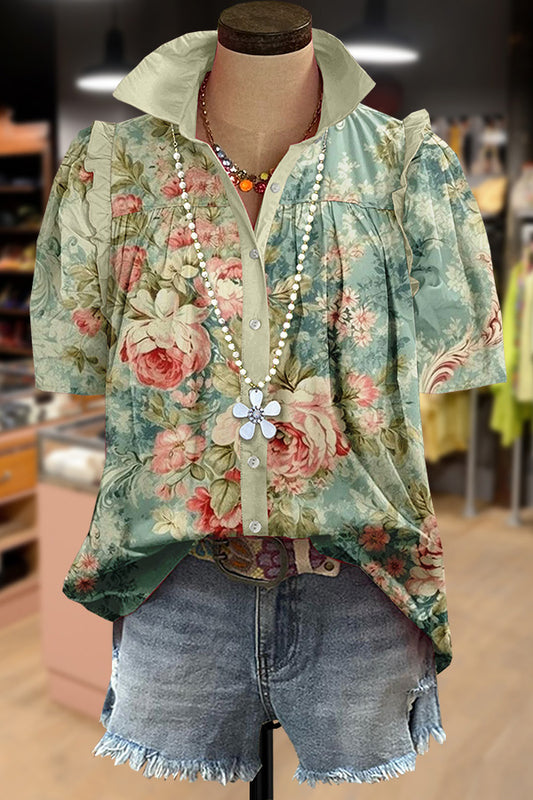 Retro Floral Print Collared Top