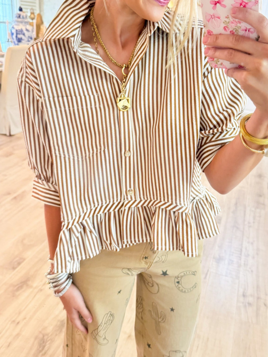 Brown Stripe Ruffle Hem Top
