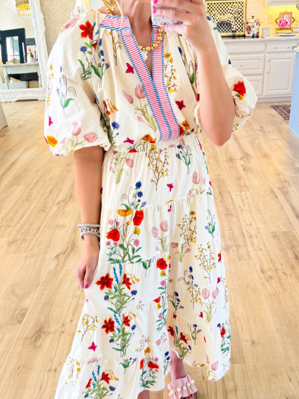 Cream Floral Puff Sleeve Midi Dress
