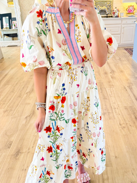 Cream Floral Puff Sleeve Midi Dress