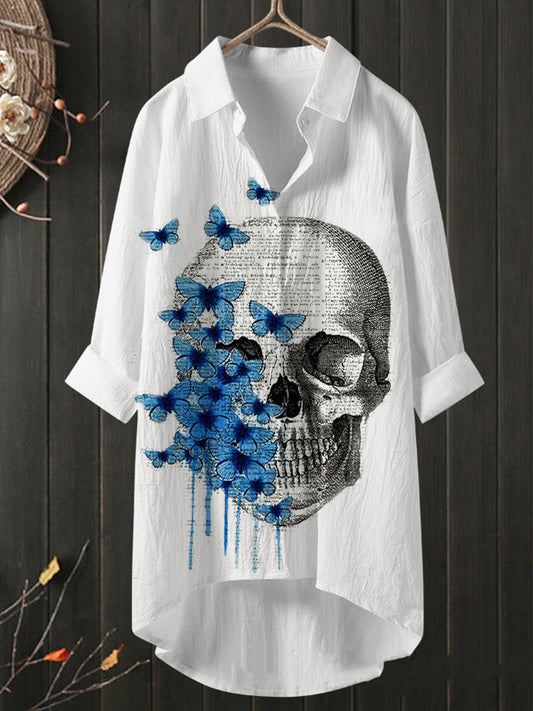 Butterfly skull print ladies casual cotton and linen shirt