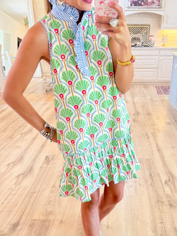 Blue and Green Printed Mini Dress