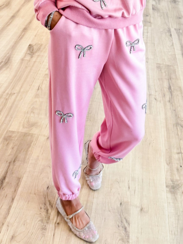 Blush Pink Rhinestone Bow Pants