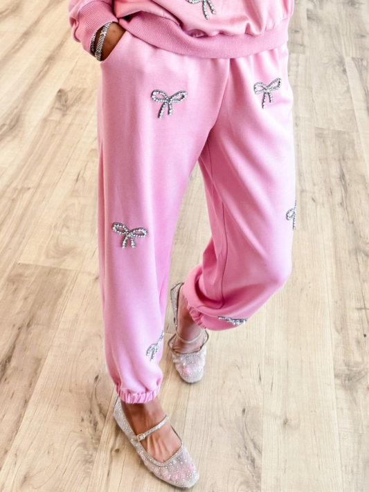 Blush Pink Rhinestone Bow Pants